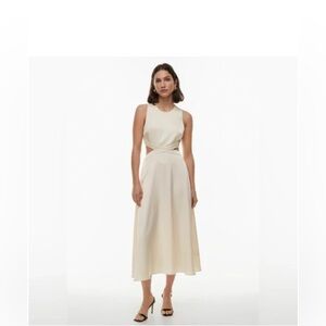Aritzia Babaton NWT $168 Cella Satin Fit N Flare Midi Cutout Dress M Matte Pearl